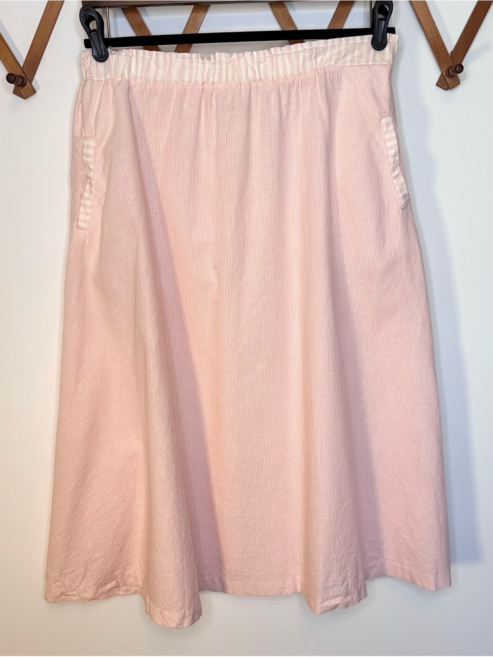Vintage 80s Jantzen Cotton Striped Pastel Pink White Midi Skirt w Pockets - 16